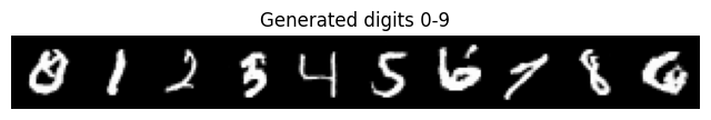 Generated handwritten digits requested in order from zero through nine, saved from the completed Colab T4 notebook