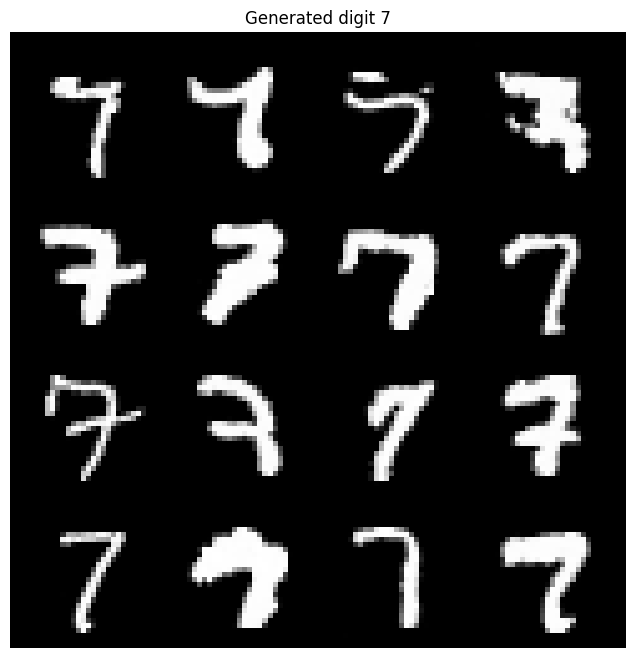 A four-by-four grid of generated sevens with varied slants, stroke thicknesses, and top bars, saved from the Colab T4 run